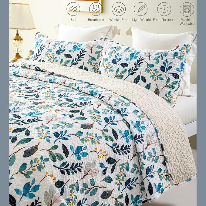 Whale Flotilla Patchwork Quilts Queen Size, Extra Soft Floral Bedspreads | Reversible Lightweight Full Queen Quilt Bedding Set for Bed, White Green Printed Coverlets, 2 Pillow Shams for All Seasons
