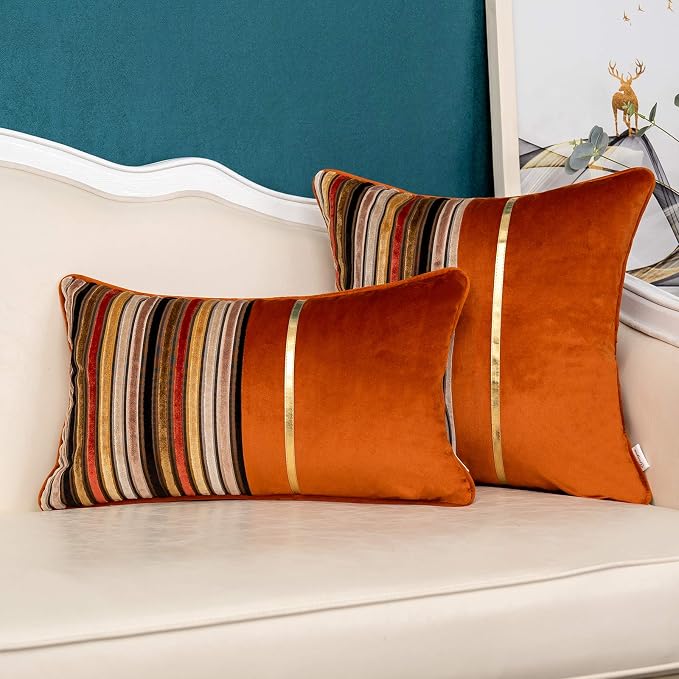 Yangest Orange Striped Patchwork Throw Pillow Cover Gold Leather Cushion Cover Zippered Pillowcase for Sofa Couch Bedroom Living Room Home Decoration,20x20 Inch