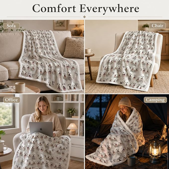 BlessLiving Throw Blanket, White Dog Animal Gift, 50x60 in | sherpa fleece fabric, Bichon Frise Dense Pet Blankets Puppy print, for couch or sofa, pet lovers, easy machine care