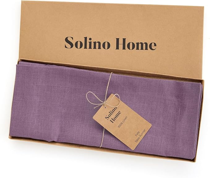 Solino Home 100% Pure Linen Table Runner Mulberry Long, Fete 14 x 132 in | styles dining tables for meals and celebrations, European flax fibres, handloomed texture, soft, fine, OEKO-TEX Certified
