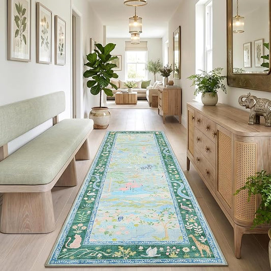 2x6 Hallway Runner Rug Non Slip Forest Nursery Runners Washable Stain Resistant Fairy Tale Whimsical Long Runner Carpets Girls Room Blue Safari Animal Rugs for Living Room Kitchen Bedroom, Teal/Blue