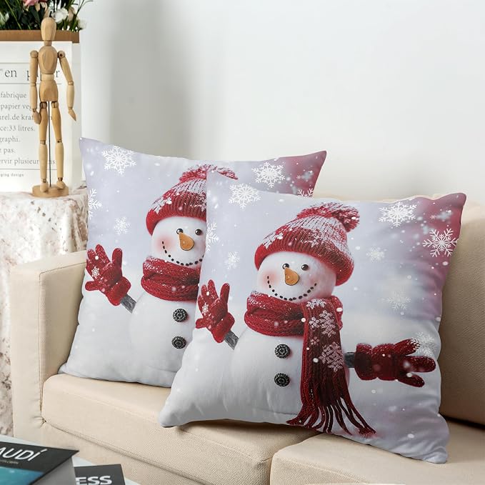 Red Snowman with Snowflake Throw Pillow Covers Snowman Pillow Covers 22x22 Set of 2 Christmas Winter Holiday Cushion Case for Couch Living Room Bedroom Sofa