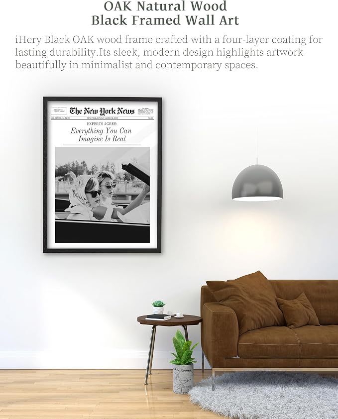 iHery 16x20in Everything You Can Imagine Is Real Framed Newspaper Art | Premium Black Natural OAK Wood Frame with Canvas Print, Vintage Girls Decor for Bedroom, Living Room, Dorm 1Pack