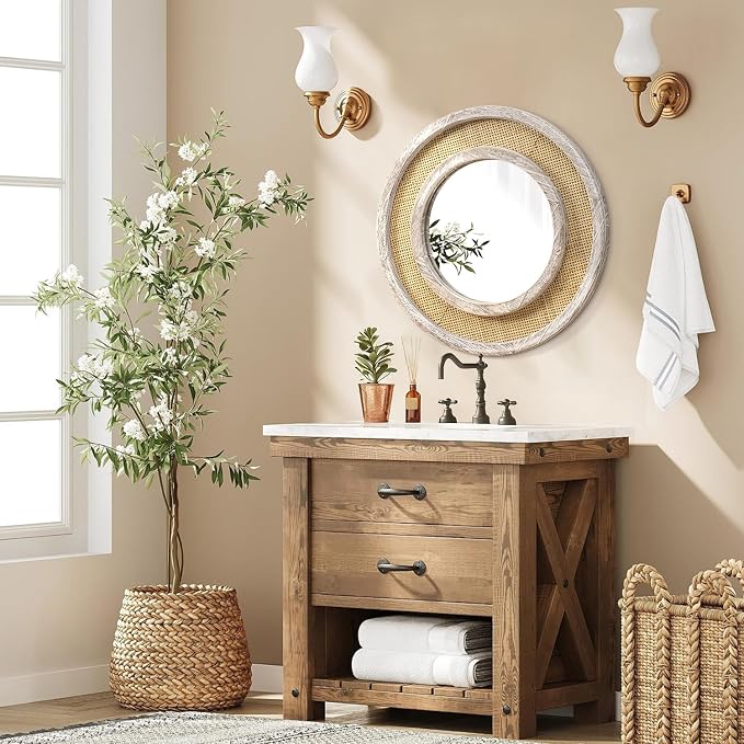 JJUUYOU Round Mirror Wood Frame Circle Hanging Mirrors for Wall Mounted 20 Inch Vintage Mirror for Living Room Bathroom Bedroom Entryway Old White