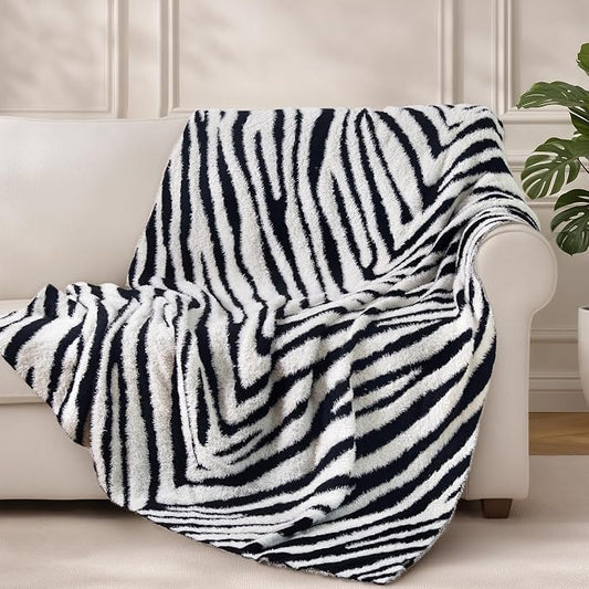 Knit Throw Blanket for Couch, Soft Cozy Fluffy Knitted Blanket for Sofa, Bed, Gift for Women Girls Home Decor (Zebra-Black, Throw 50"x60")