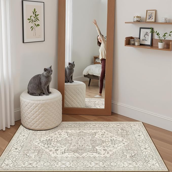 Madane Washable Area Rug 2x3 Small Entryway Rugs Non-Slip, Beige/Brown | Vintage Stain-Resistant Door Mat Indoor Entrance, Low Pile Floor Carpet for Inside Front Bedroom Kitchen Entry Laundry, Stair