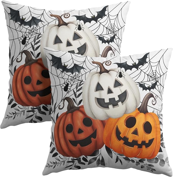 Halloween Pumpkin Throw Pillow Covers 16X16 Inch Pumpkins Jack-O-Lanterns with Black Bat Web Decorative Holiday Pillow Case Cotton Linen Fall Farmhouse Cushion Cover for Home Sofa Couch