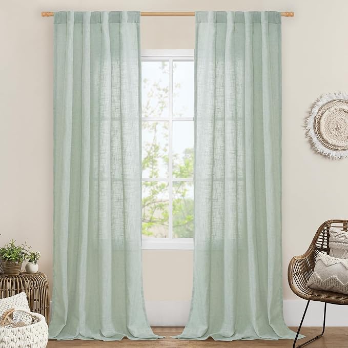 Light Sage Linen Sheer Curtains 84 inch Length 2 Panels, 34 x 84 Inch | Light Filtering, Semi Sheer Panels, Rod Pocket Back Tab, Neutral Drapes for Bedroom, Living Room, Window Treatment
