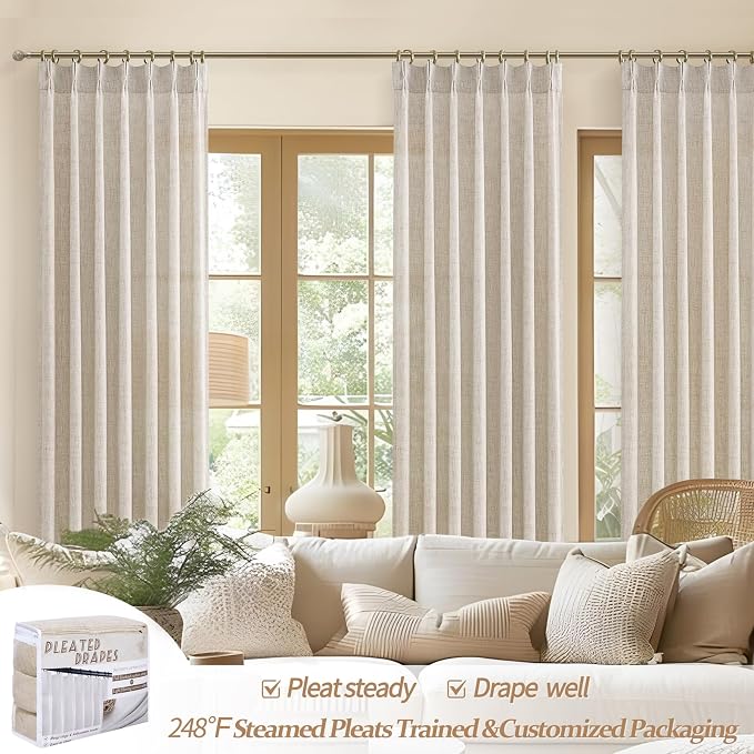 Unique Natural Linen Blend Heavy Fall Curtains 86 Inches Long for Bedroom/Living Room, Custom Pinch Pleated Track System Sheer Curtains Light Filtering Privacy Decorative Drapes 40"x86"x2 Panels Hooks