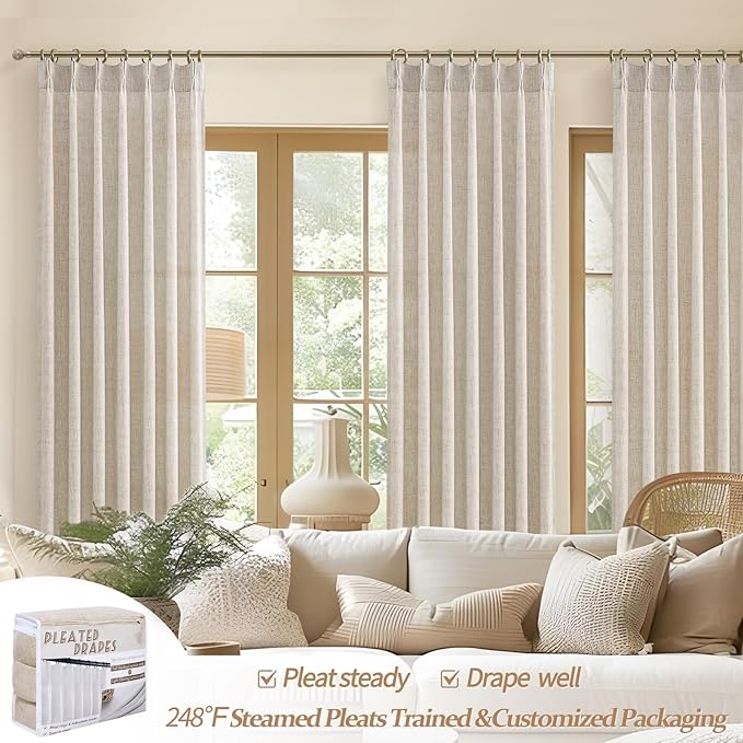 Pleated Natural Linen 95 Inch Curtains 2 Panel Set for Living Room, Rustic Farmhouse Pinch Pleat Semi Sheer Curtain Light Filtering Privacy Ceiling Track Nursery Window Drapes 40"W x 95 Inches Length