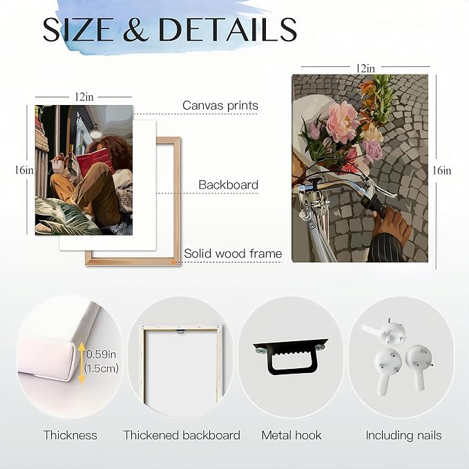 Modern African American Women Wall Art Set of 2,Cozy Reading & Bike Ride with Flowers Painting Canvas Prints,black woman Vintage Aesthetic Poster for Living Room, Bedroom, Office， Framed 12X16in