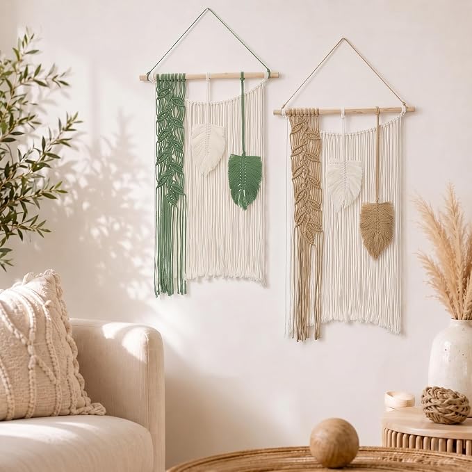 Briful Macrame Wall Hanging with Woven Feather Leaves 15.94" x 21.26"