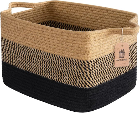 Goodpick Woven Storage Basket for Shelves, 13" x 10" x 9", Black & Jute | Stylish Gift Baskets Empty for Home Decor, Wicker Baskets for Dog Toys, Books & Towels Storage, Shelf & Closet Organization