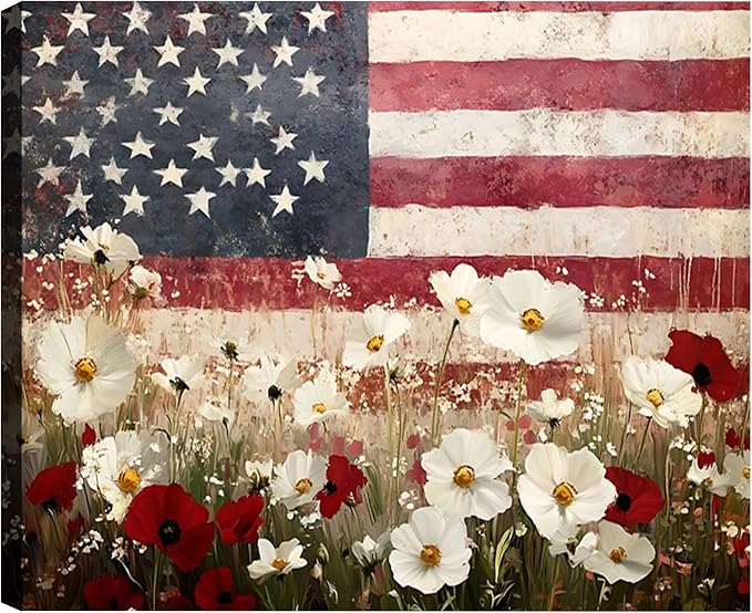 Framed American Flag Mason Jar Wall Art, Patriotic Farmhouse Canvas Art Pictures, USA Rustic Wall Decor, Made in USA Ready to Hang for Kitchen Dining Room