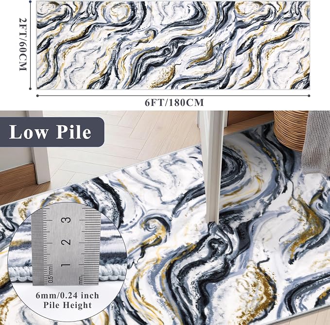Yamaziot 2x6 Washable Modern Abstract Runner Rug Non-Slip for Hallways | Stain Resistant Kitchen Rug with Rubber Backing, Low Pile, Ultra Soft Carpet Runner for Bedroom, Laundry, Entrance,Black