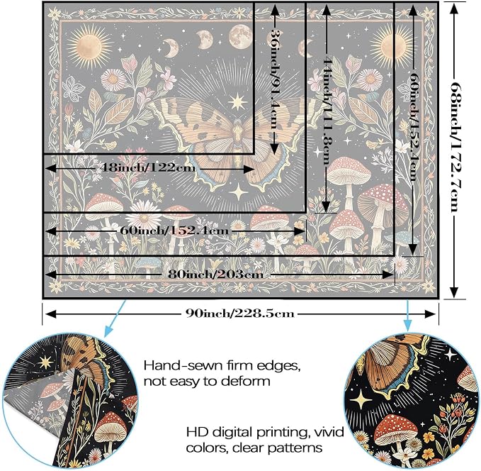 Accnicc Boho Butterfly Tapestry Mushroom Sun and Moon Hippie Wall Tapestry for Bedroom Aesthetic Vintage Floral Plant Large Tapestries Wall Hanging for Dorm Living Room Decor 80 x 60 Inch