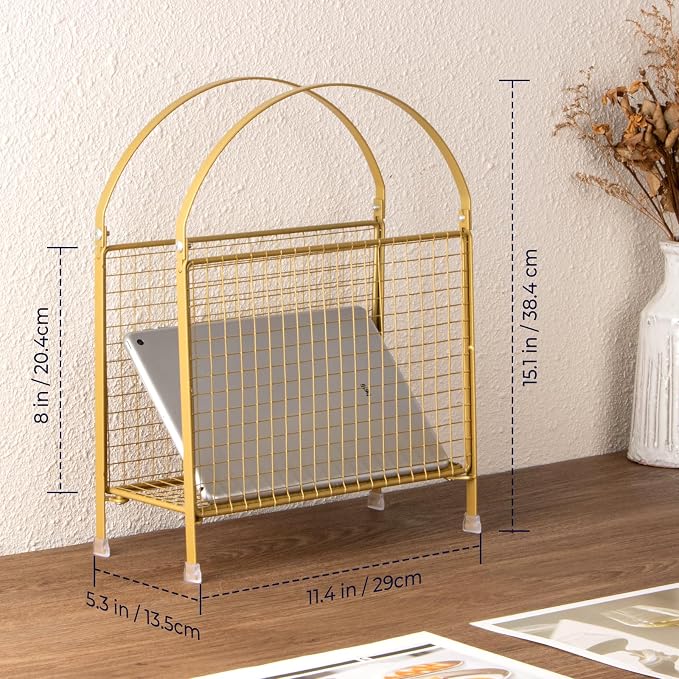 PUERSI Freestanding Magazine Holder, Metal Magazine Rack Floor Stand | Modern Touch Handbag Design, for Magazine, Newspaper, Books, Vinyl Record (Gold)