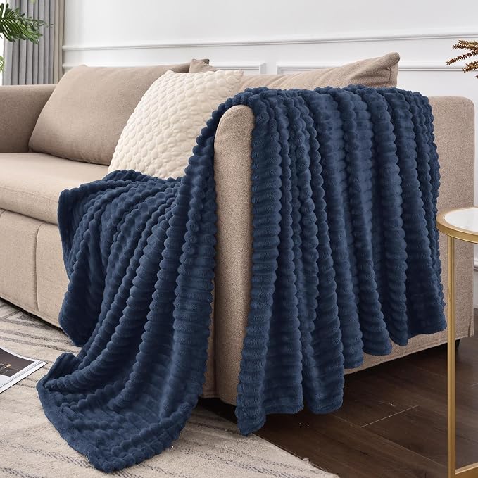 BEDELITE 3D Ribbed Navy Blue Fleece Throw Blanket for Couch, 50x60 Inch | Soft Warm Decorative Fluffy Blanket, Cozy Plush Lightweight Fuzzy Throw Blanket for Bed Sofa Home Room Decor, Gift for Women