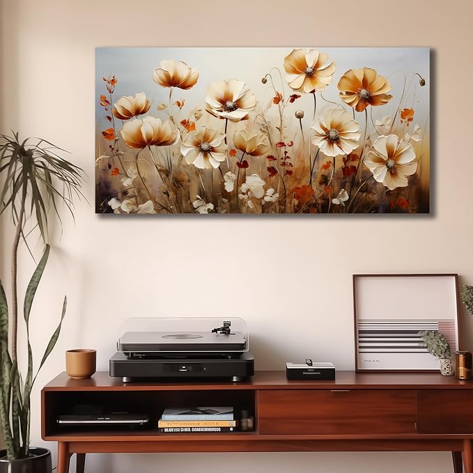 DNIEOTU Flower Canvas Wall Art for Living Room, Floral Wall-Decor for Bedroom, Beige and Brown Picture Prints for Hallway Office, Size 47 x 24 Inches
