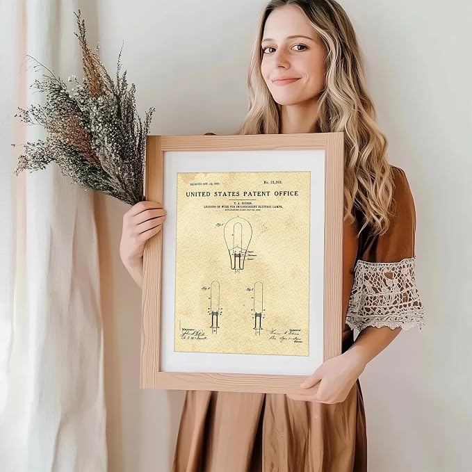 Light Bulb Patent Print Wall Art | Unframed 8x10 | Thomas Edison Vintage Wall Art | Aesthetic Wall Décor | Unique Design Print for Home, Office, or Living Room | Vintage Art Prints for Modern Spaces