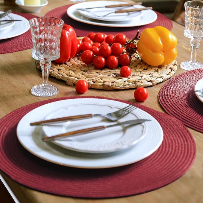 FunWheat Round Braided Placemats Set of 8 Table Mats for Dining Tables Woven Washable Non-Slip Place mats 15 inch(Wine,8pcs)