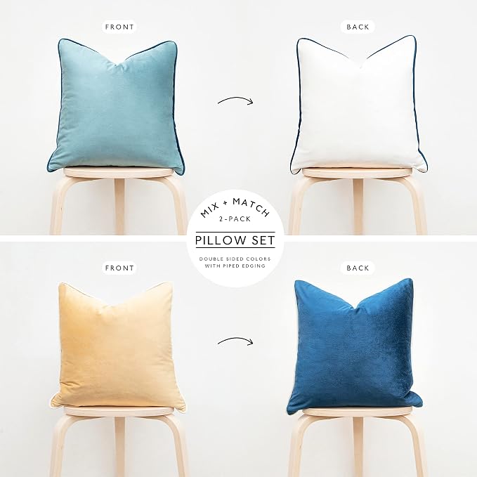 MONDAY MOOSE Decorative Throw Pillow Covers Cushion Cases, Set of 2 Soft Velvet Modern Double-Sided Designs, Mix and Match for Home Decor, Pillow Inserts Not Included (18x18 inch, Blue/Beige)