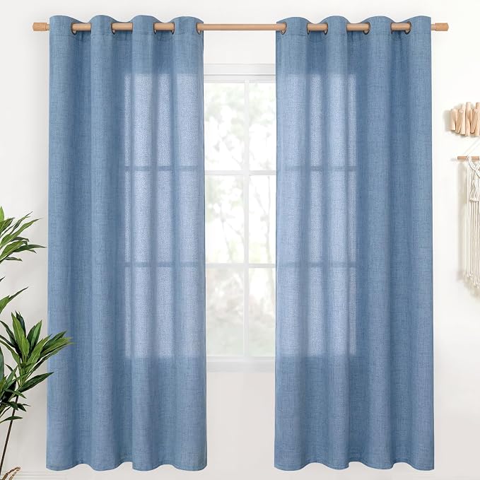 YoungsTex Denim Blue Linen Curtains 72 Inch Length for Living Room, Light Filtering Drapes Bronze Grommet Textured Privacy Ocean Decorative for Bedroom Window, 52 x 72 Inch, 2 Panels