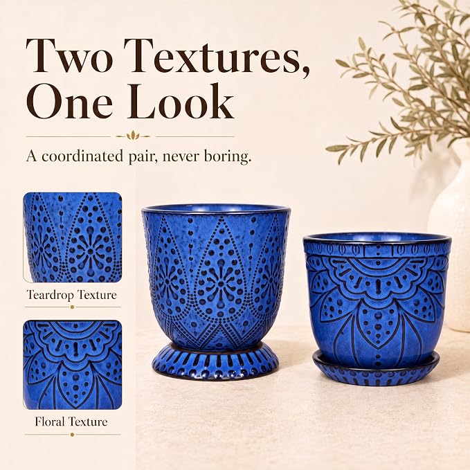 Gepege Ceramic Plant Pots, 6 Inch Indoor Planters with Drainage & Saucers | Ceramic pots for plants with drainage holes, ceramic saucers and mesh pads, ideal for flowers, herbs and succulents, set of 2
