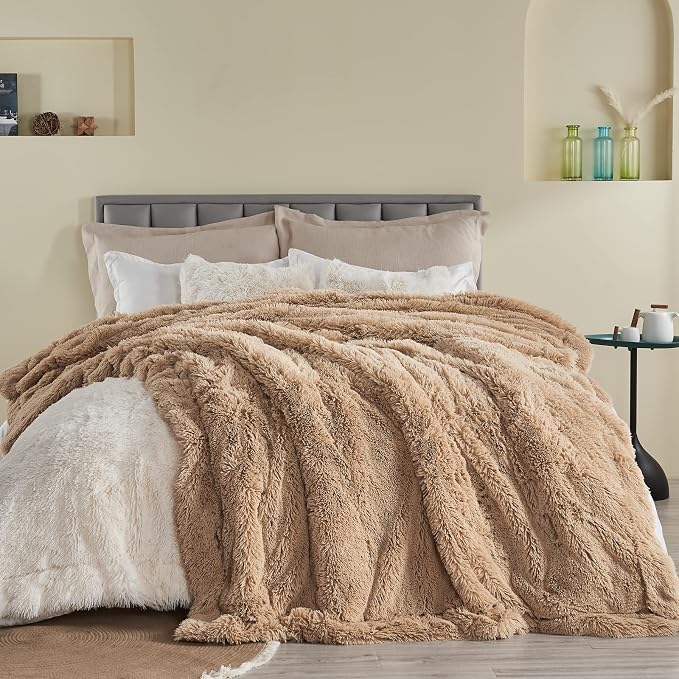 GONAAP Fuzzy Faux Fur Queen Blanket for Couch, Brown, 90"x90" | Warm Cozy Plush Shaggy Decorative Reversible Thick Non-Heated Fleece Blanket for Sofa Bed, Gift for Women Men, All Season Use
