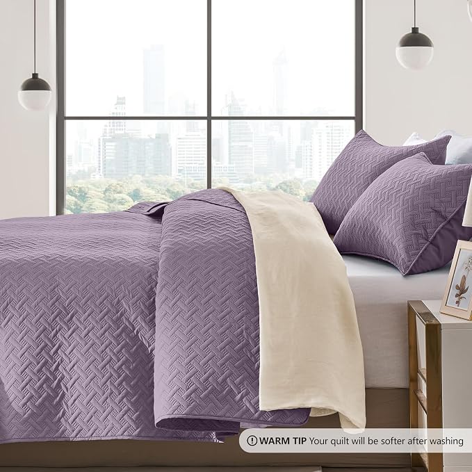 FLYMME Quilts Queen Size,Lightweight Grayish Purple Bedspreads,Basket Weave Pattern,Ultra Soft Microfiber Bed Coverlet 3 Pieces for All-Seasons (1 Quilt,2 Shams)