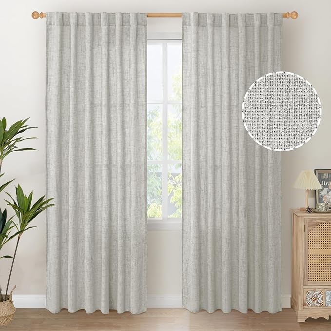 Light Grey Linen Semi Sheer Curtains 80 Inch Length for Living Room | Light Filtering Drapes Textured with Rod Pocket Back Tab for Office Bedroom Dining Window, 2 Panels, 52 X 80 Inch