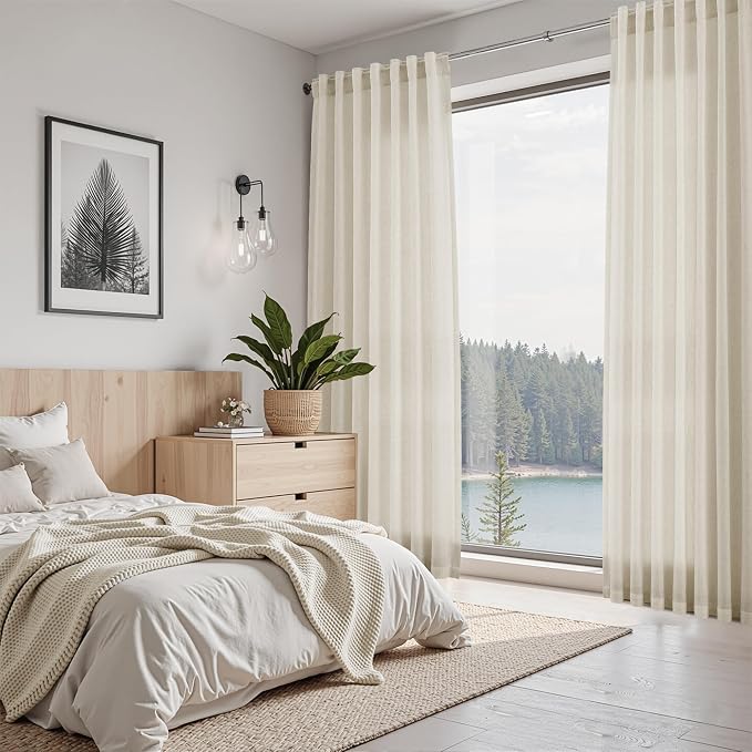 Vanilla Linen Curtains for Living Room 72 Inches Long Luxury Light Filtering Semi Sheer Curtain Back Tab Modern Farmhouse Decor Elegant Coastal Drapes for Bedroom Office 52x72, 2 Panels