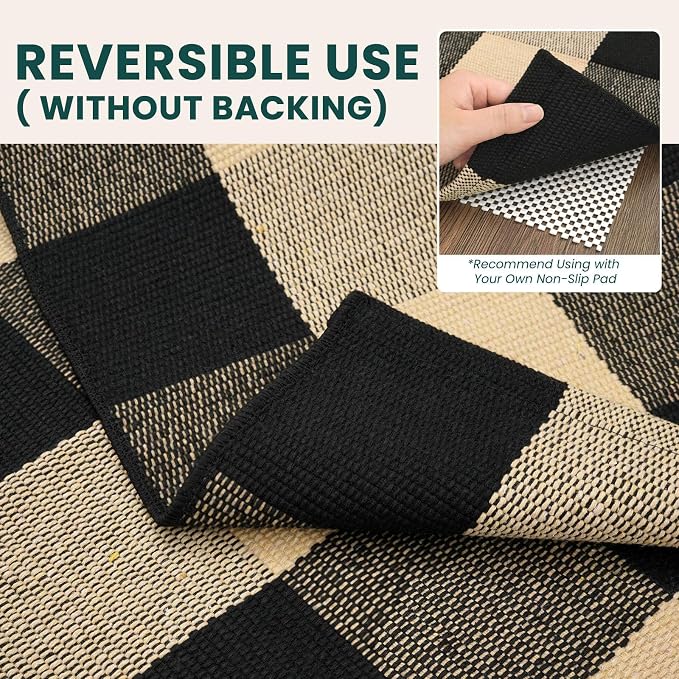 KOZYFLY Buffalo Plaid Area Rug 5x7 ft Living Room Rug, Brown and Black | Washable Checkered Rugs, Cotton Bedroom Rug, Woven Dining Room Rug, Indoor Outdoor Carpet for Farmhouse Patio Front Porch