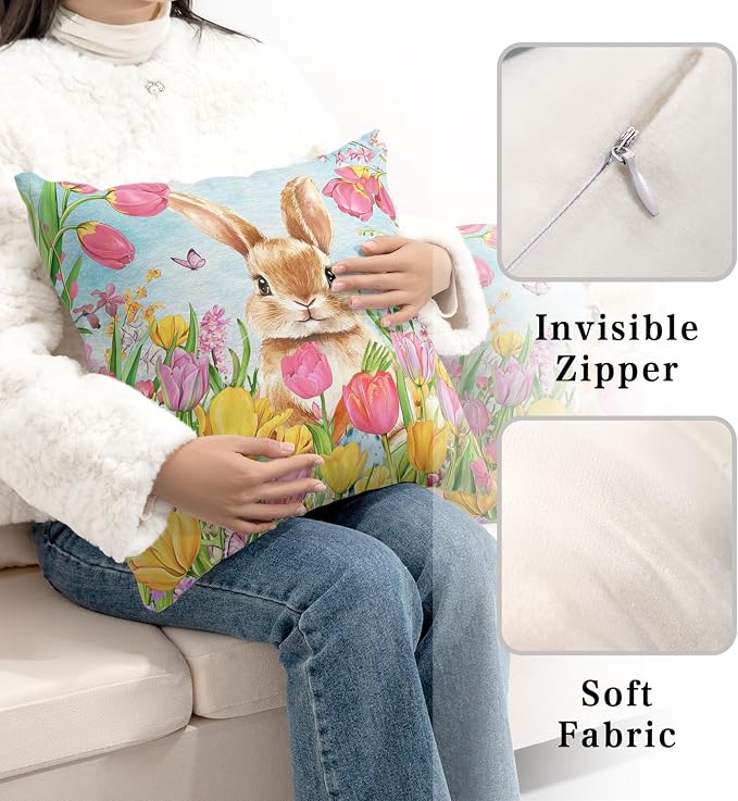 Easter Bunny Pillow Covers 20x20 Set of 2 Lovely Rabbit with Tulip Throw Pillow Covers Spring Pillow Case Floral Cotton Blend Cushion Case for Easter Decor Sofa Patio Garden