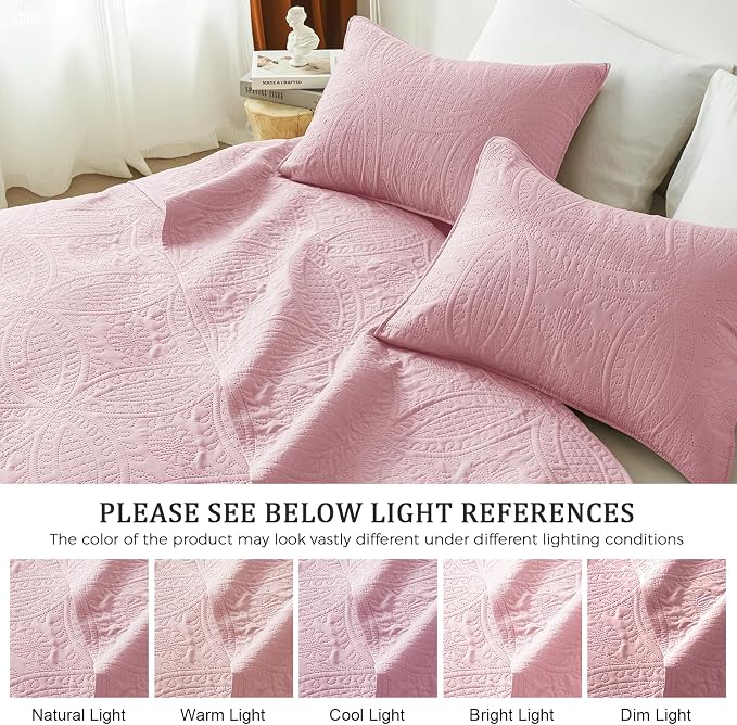akkialla Full/Queen Quilt Set,Pink Lightweight Bedspread with Coin Pattern, Soft Microfiber Coverlet for All Seasons, Contemporary Decorative Bedding (1 Quilt, 2 Pillow Shams)
