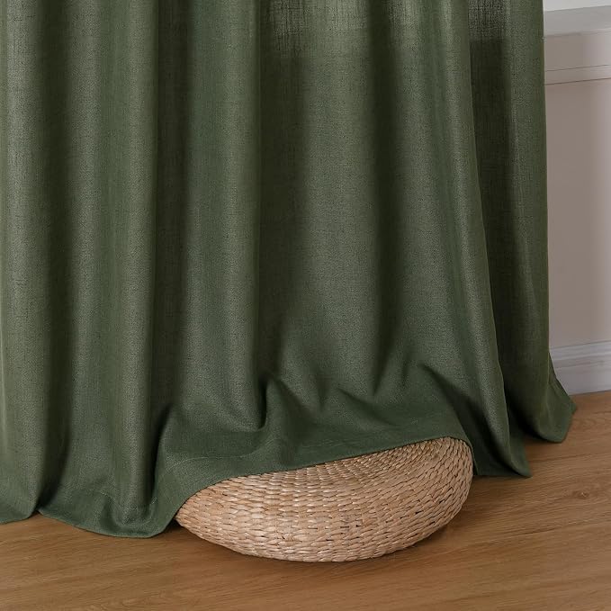 Olive Green Linen Curtains 96 Inch Length for Living Room Bedroom 2 Panels Set Rod Pocket Light Filtering Semi Sheer Window Curtains 52 Inch Width Boho Farmhouse Linen Drapes, W52xL96