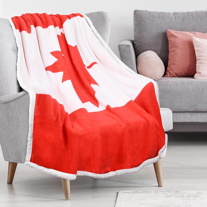 Catalonia Sherpa Fleece Blanket,Canada National Flag Maple Leaf Print Patriotic Plush Super Soft Warm Reversible Polar Throws for Couch Bed 60” x 50”
