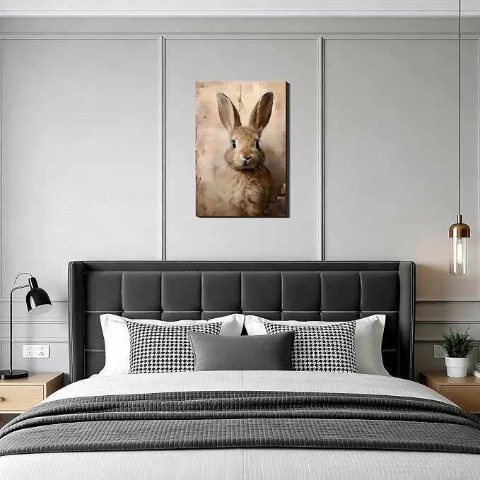 RIBNTAK Brown European Rabbit Portrait Canvas Art 16x24, Vintage Gallery Wrapped Canvas Wall Art, Easter Bunny Prints for Bedroom, Kitchen Rabbit Decor & Home Wall Decoration
