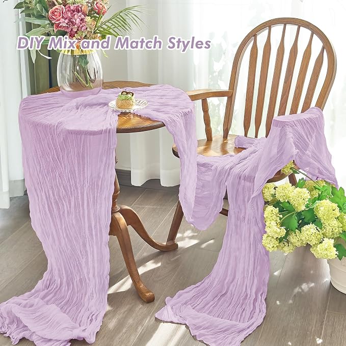 IVAPUPU Purple Table Runner 120 Inch for Wedding Birthday Party Home Decor | 4 Pcs Boho Gauze 10FT Cheesecloth Table Runners for Baby Shower Decorations Summer Garden Farmhouse