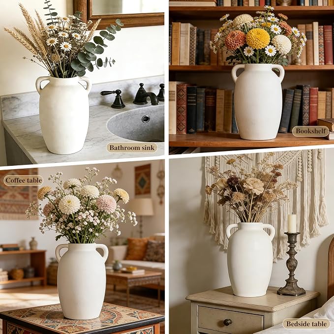 White Ceramic Vase-Boho Decorative Vase,Terracotta Tall Vases Decorative Pottery are Suitable for Decorating Living Rooms,Kitchens,and Bedrooms.