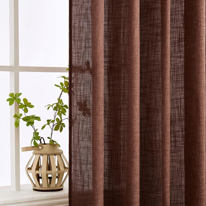 MIULEE Chocolate Brown Linen Curtains 52x90 Inch for Bedroom Living Room | Thick Linen Textured Window Drapes, Semi Sheer Light Filtering, Back Tab Rod Pocket, Burlap Look Decor, 2 Panels