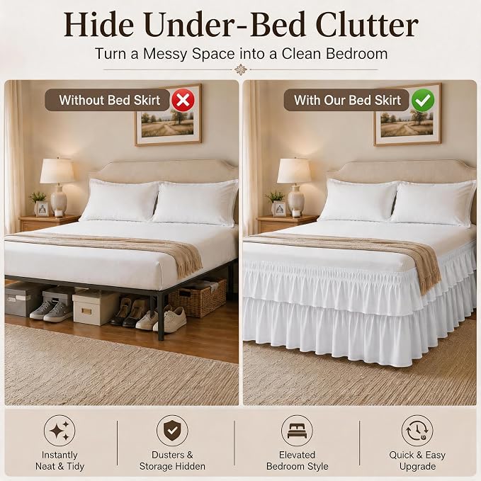 Vocander White Queen Bed Skirt 14 Inch Drop, Double Layer Dust Ruffle | Hides Storage, Double Layer Ruffle, Elastic Stays Put, Soft Fabric, Machine Washable, Elegant Look