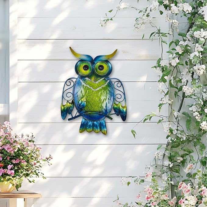 LIFFY Cute Metal Owl Wall Decor - Unique Outdoor Wall Art Decoration - Glass Hanging Wall Owl Decor Brighten Up Patio, Porch or Door, Garden Decoration, Birthday Gift Ideas
