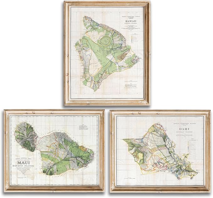 Vintage Hawaii Survey Maps Art Prints (Set of 3) - Unframed - 8x10s | Wall Décor for Those Dreaming of Tropical Escapes and Island Adventures | Living Room Décor | Bathroom Décor | Room Décor