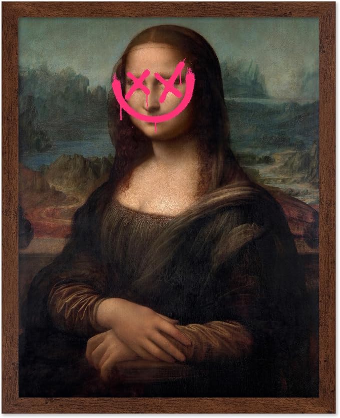 Poster Master Mona Lisa Painting Poster - Smile Face Print - Altered Art - Pop & Defaced Art - Gift for Men & Women - Minimal Decor for Office, Bedroom or Living Room, 16x20 Brown Framed