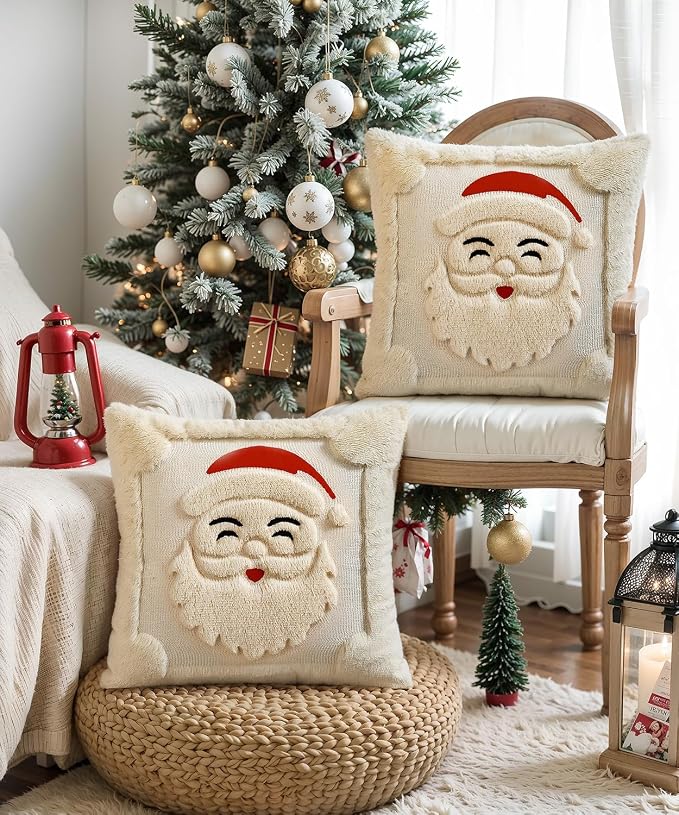 Christmas Pillow Covers Set of 2 Soft Plush Faux Fur Pillow Cases 3D Embroidered Decorative Couch Cover Home Decor Christmas Throw Pillow Covers 18x18,Beige Santa Clauss