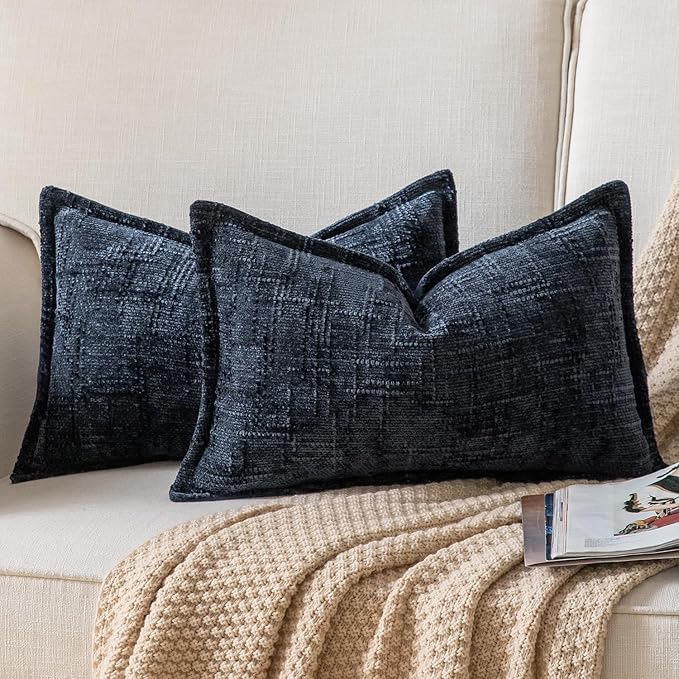Yaertun Chenille Throw Pillow Covers 16x24 Inch Set of 2 Textured Broadside Soft Cozy Velvet Pillow Covers Modern Farmhouse Boho Decorative Pillow Cases for Couch Bed Sofa Livingroom Dark Blue
