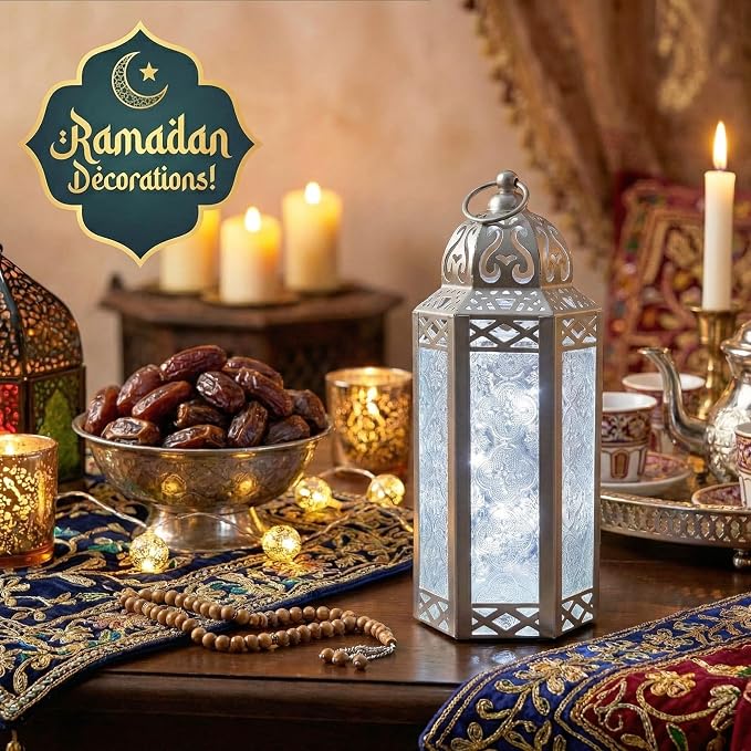Vela Lanterns Decorative Indoor Fairy Light Candle Holder, White Gold, M | Wedding Table Centerpieces, Ramadan & Eid Mubarak Decorations, Turkish Moroccan Metal Hanging Lamp, Patio, 10.5" Tall