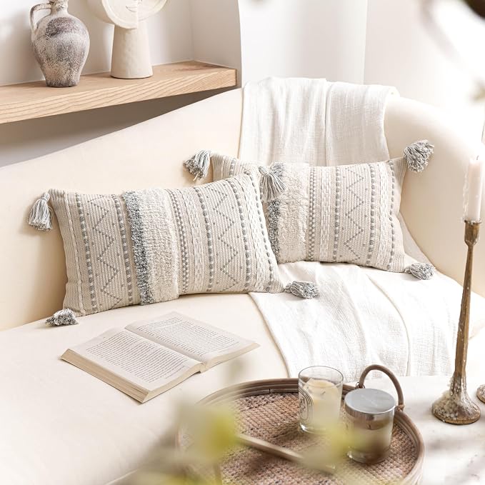 BlissBlush Decorative Lumbar Throw Pillow Covers 12x20 Combo Set of 2 Gray Rectangular Boho Accent Pillowcase Neutral Grey Farmhouse Cushion for Couch Sofa Bedroom Living Home Décor Cover ONLY