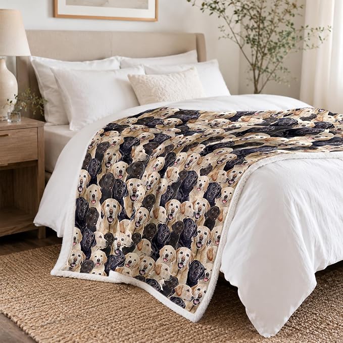BlessLiving Throw Blanket, Dog Black Animal Puppy, 50x60 in | sherpa fleece fabric, Labrador Retriever Dense Golden Pet Blankets print, for couch or sofa, pet lovers, easy machine care